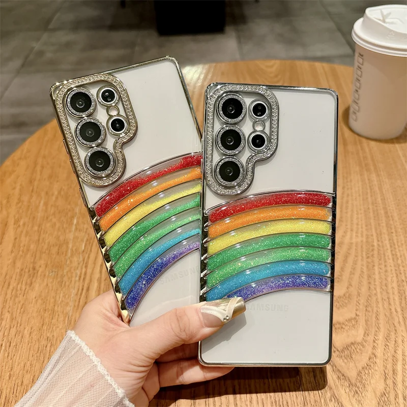 

Fashion Plating Glitter Diamond Rainbow Quicksand Phone Case For Samsung Galaxy S24 S25 Ultra Plus Camera Shockproof Clear Cover