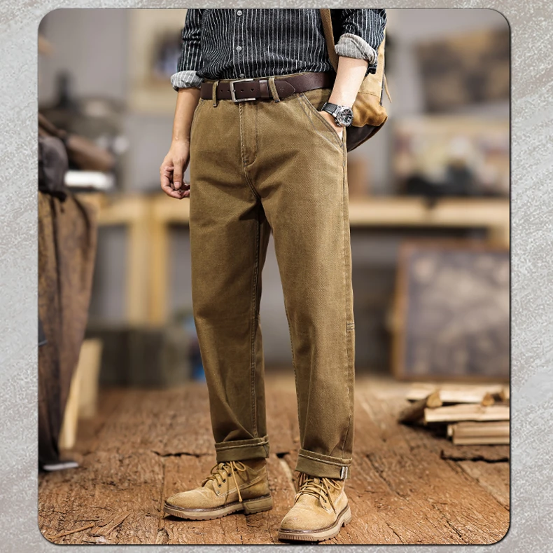 Pantalones de trabajo informales Vintage americanos para hombre, pantalones de pierna recta informales de gran tamaño, holgados, cónicos, de peso pesado, 100% algodón