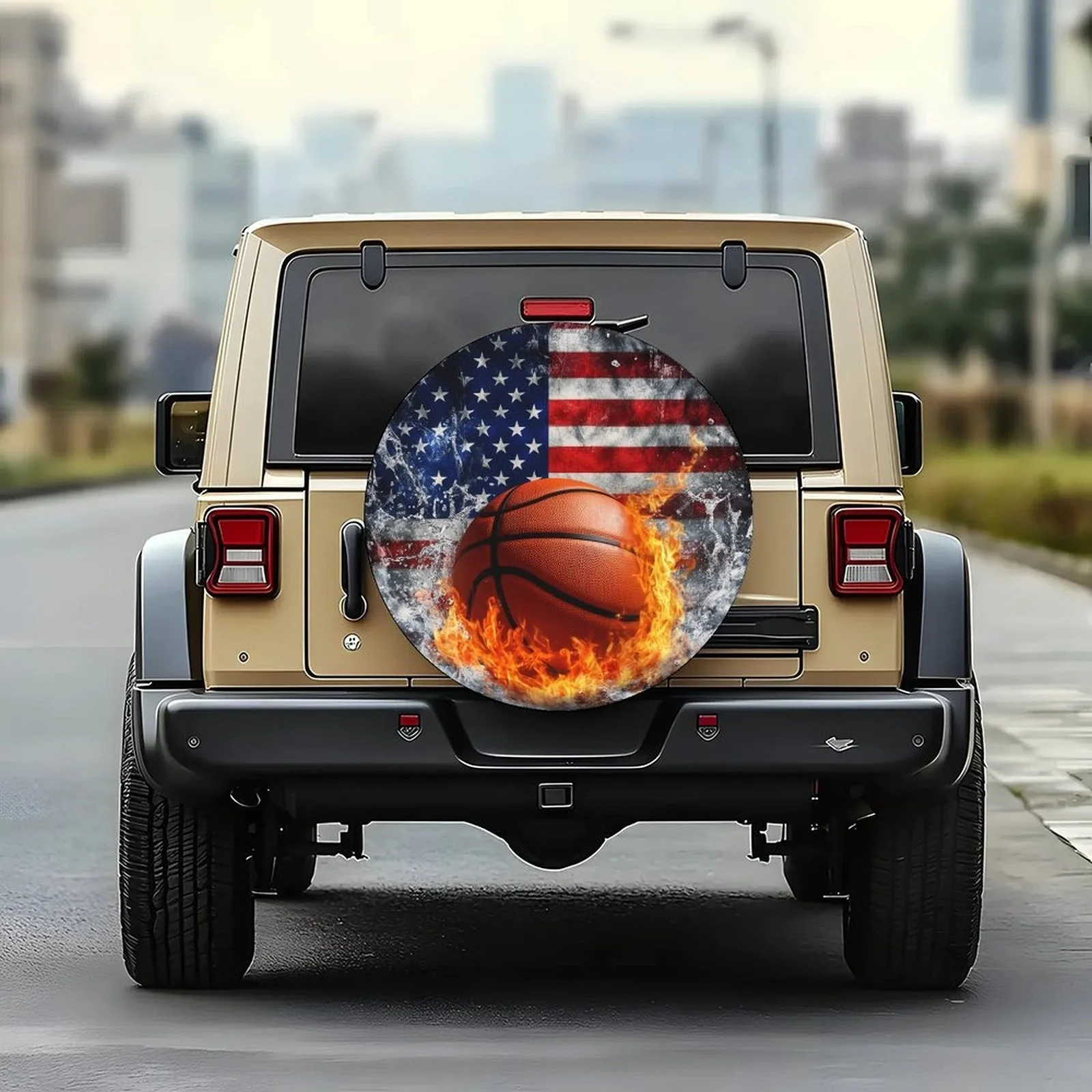 Flaming Basketball USA Flag Tire Cover Durable Polyester Wheel Protection Cover Universal Fit