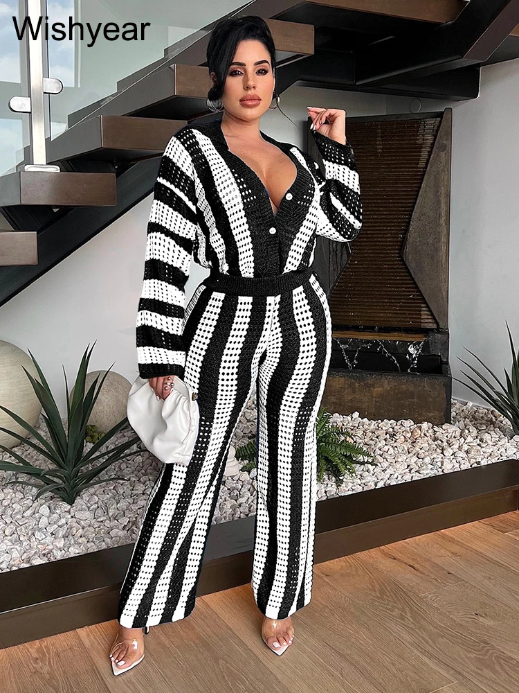 Fashion Blue Striped Knitted Crochet Two 2 Pieces Outfit Women Long Sleeve Tops and Wide Leg Pants Vacation Beach Birthday Suits