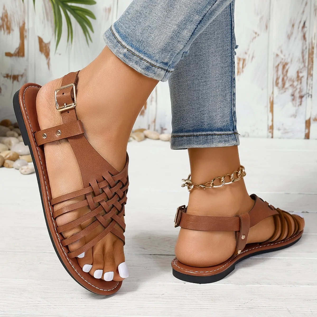 Minimal Round Head Women Flat Shoes Fashion Solid Color Cross Belt Design Sandals Casual Daily Versatile Ladies Sandalias