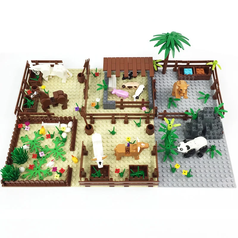 City MOC Farm Scene Cattle pen Horse Pen Pigsty, Chicken Farm Building Blocks Bricks Toys Set Classic Animal Baseplate Kit Gifts
