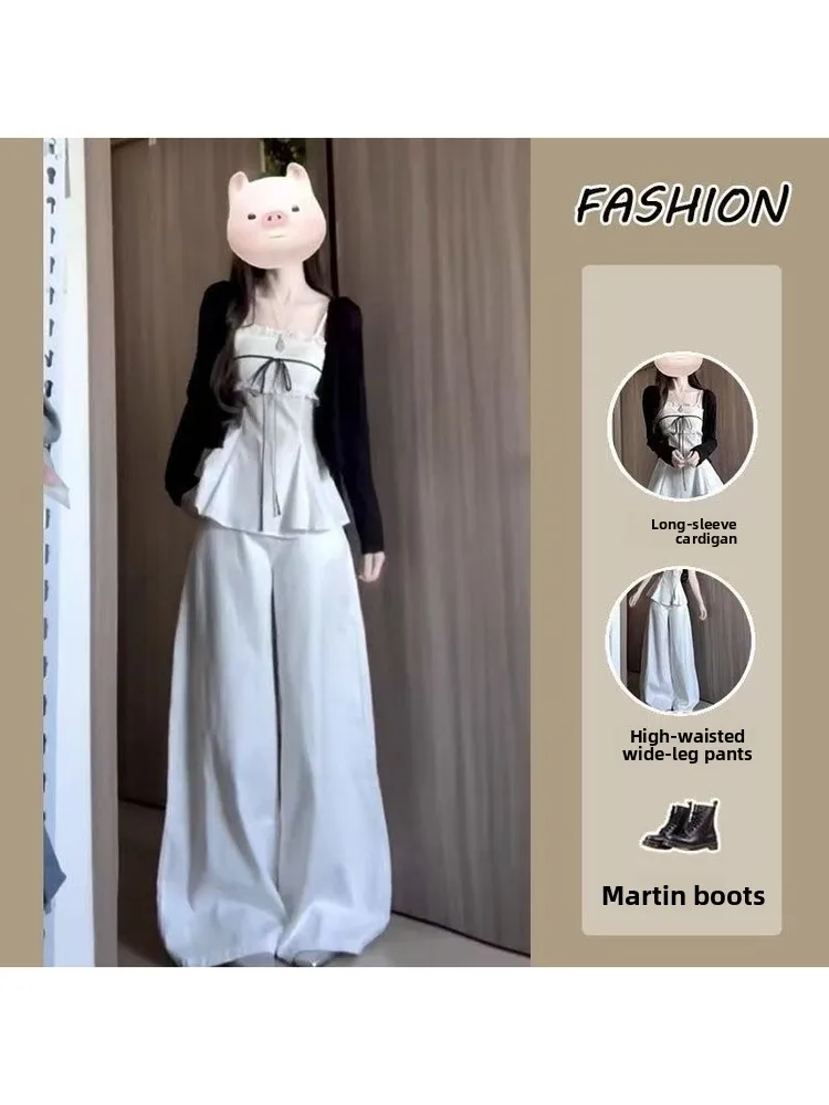 

Spring Fashion Women's Korean Style Long Sleeve Knitted Open Cardigan Tube Top Wide Leg Pants Three Piece Set High Waist