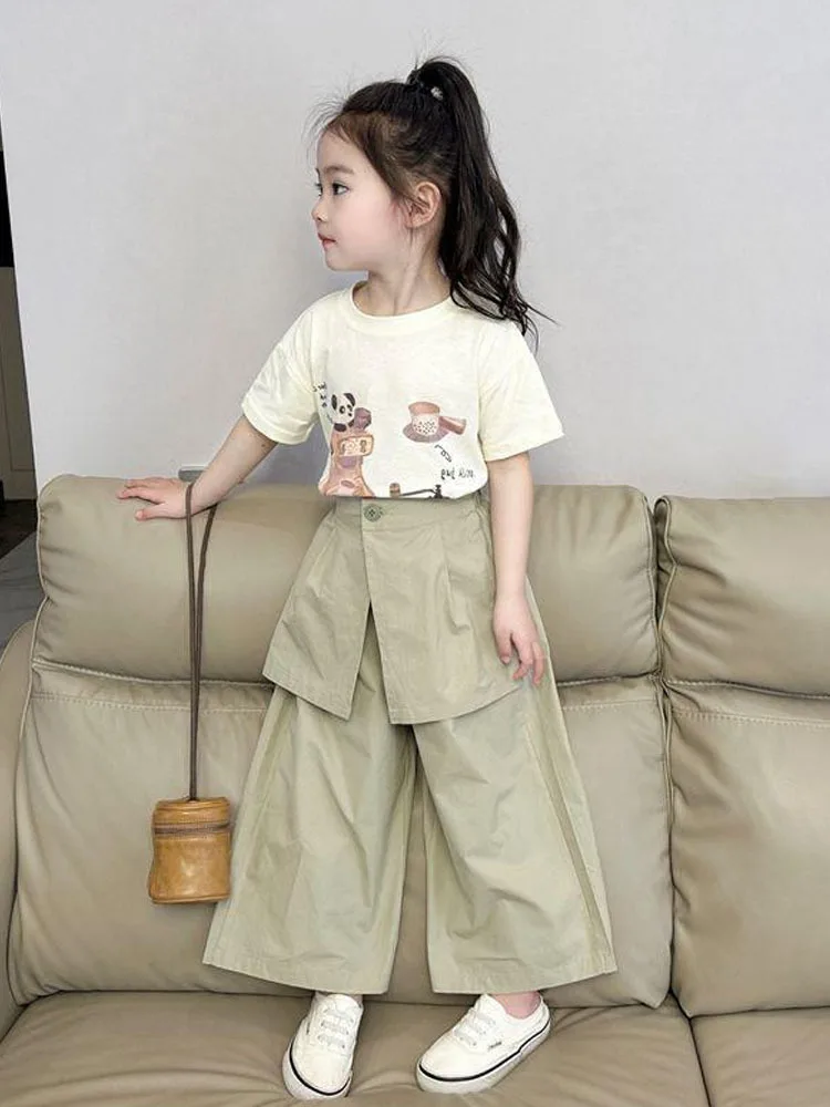 Girls Summer Suit Children\'s Cartoon Short Sleeved T-shirt Loose Pants Casual Two Piece Set Girls Clothes 2 To 8 Years