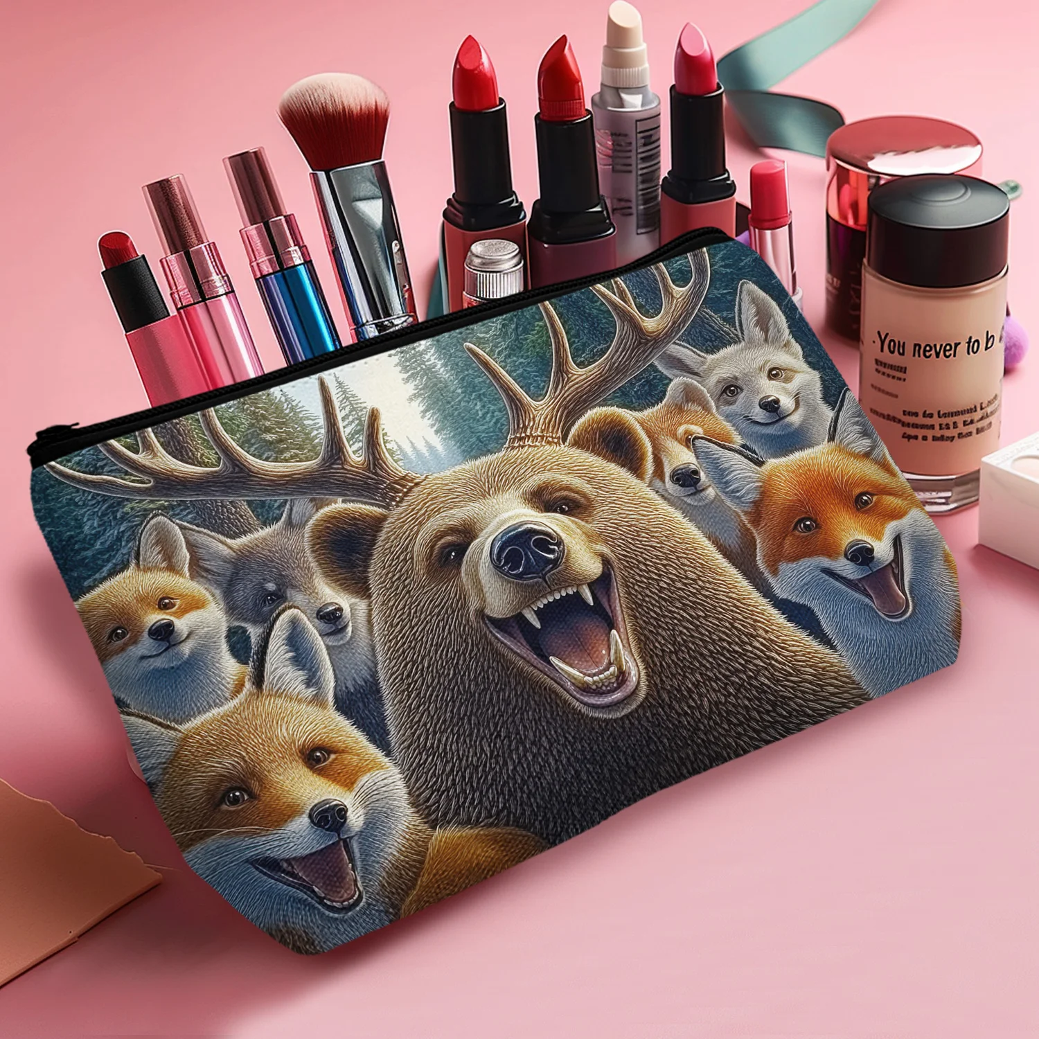 1Pc Cartoon Funny Animal Cosmetic Bag Bear Fox Cute Durable Zipper Portable Women Cosmetic Bag Best Gift For Friends