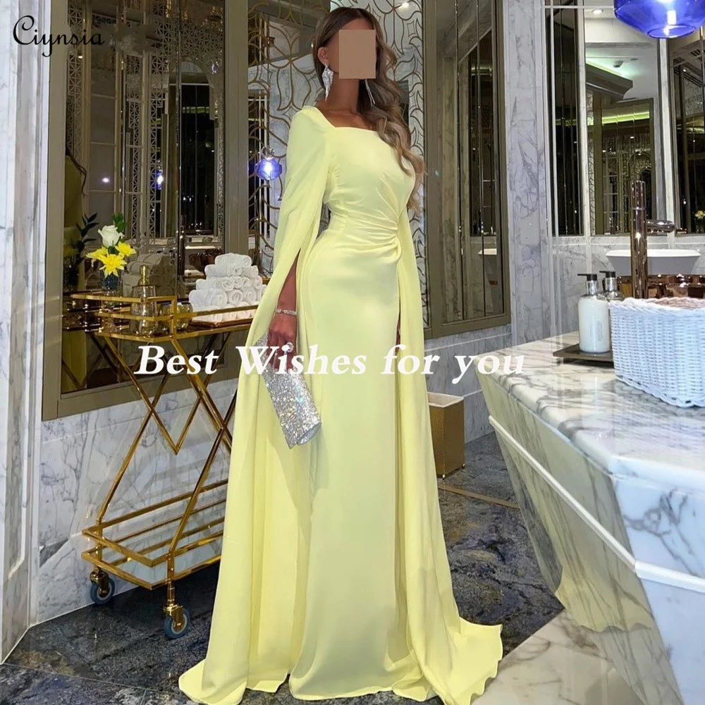 Ciynsia Elegant Square Neck Women Evening Dresses Mermaid Chiffon Yellow Saudi Arabia Formal Party Gowns Long Vestidos De Gala