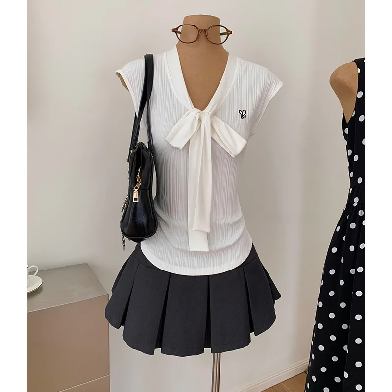 

White Slimming V-Ne Belted ort Skirt Set Wgwe8942 Series Tie Waisand Faionable Casual Sle Summer Outfit for Women