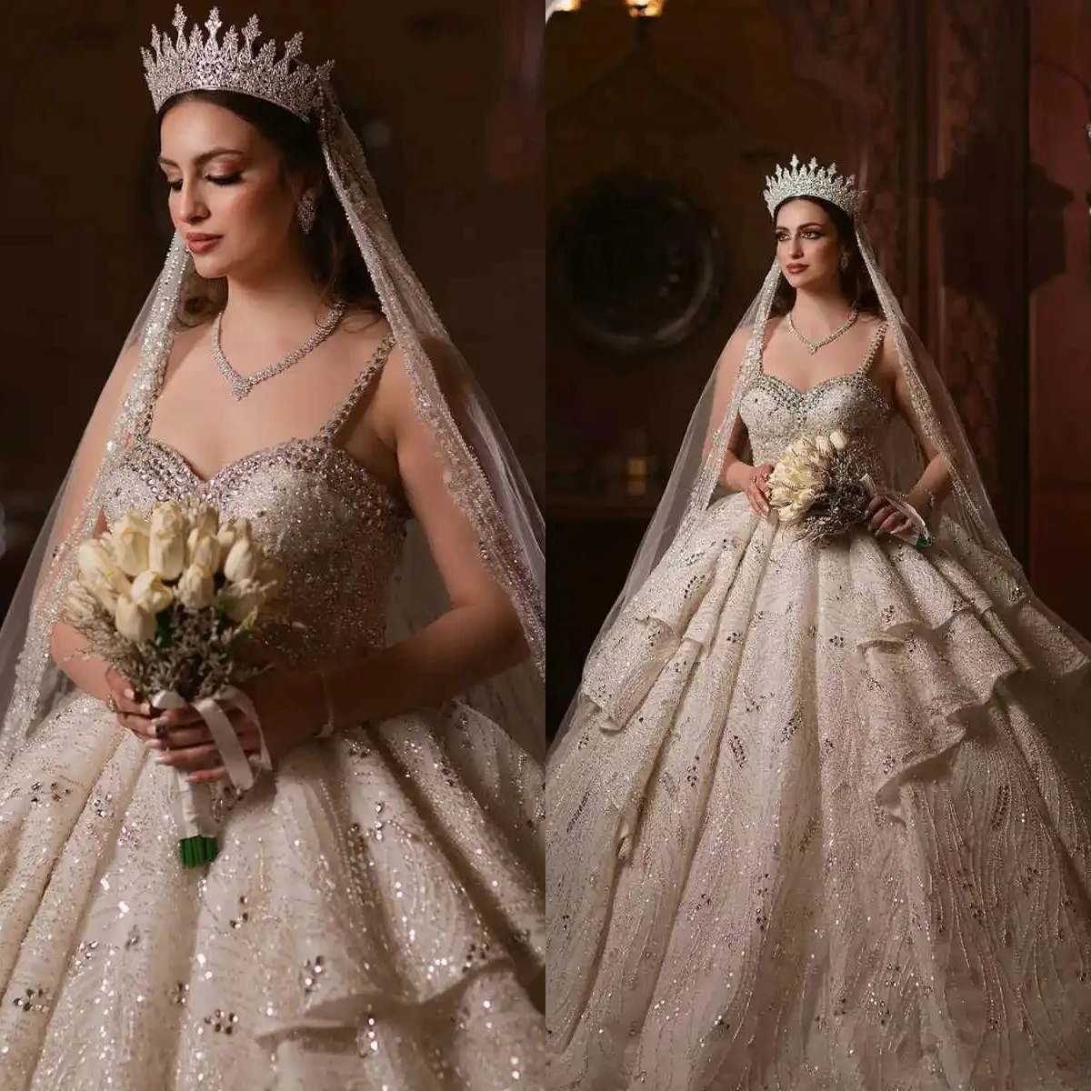 

Luxurious Sparkling A-Line Lace Crystal Wedding Dress Sexy Sweetheart Off Shoulder Bridal Dress Vestido De Novia Customized