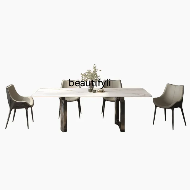 

cc182R11 Italian Minimalist Marble Dining-Table Light Luxury and Simplicity High-End Rectangular Stainless Steel Dining Table