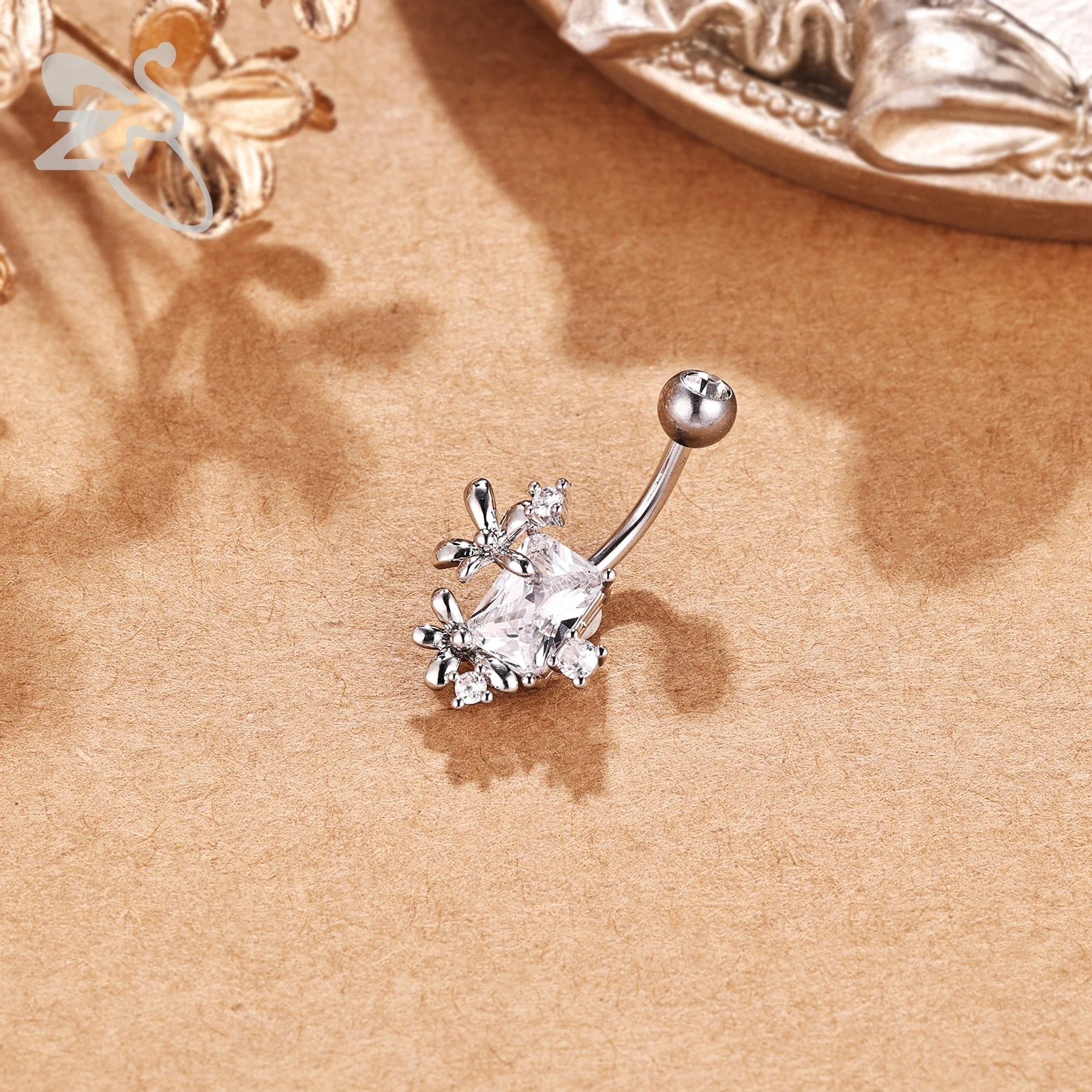 ZS 1 قطعة قلادة على شكل فراشة الفولاذ المقاوم للصدأ البطن خاتم على شكل زر النساء الفتيات تشيكوسلوفاكيا كريستال السرة الثقب خواتم السري ثقب الجسم #6