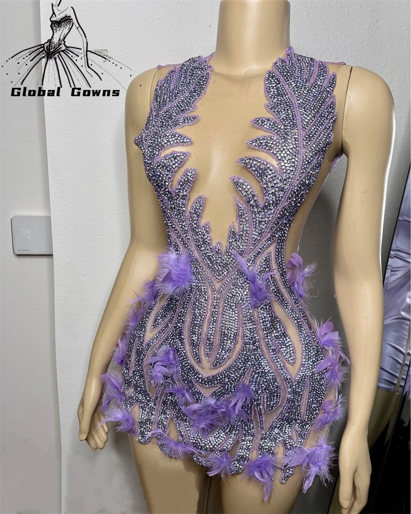 Purple O Neck Short Prom Dresses For Black Girl Bead Crystal 2024 Birthday Luxury Dress Feather Mermaid Mini Cocktail Customized