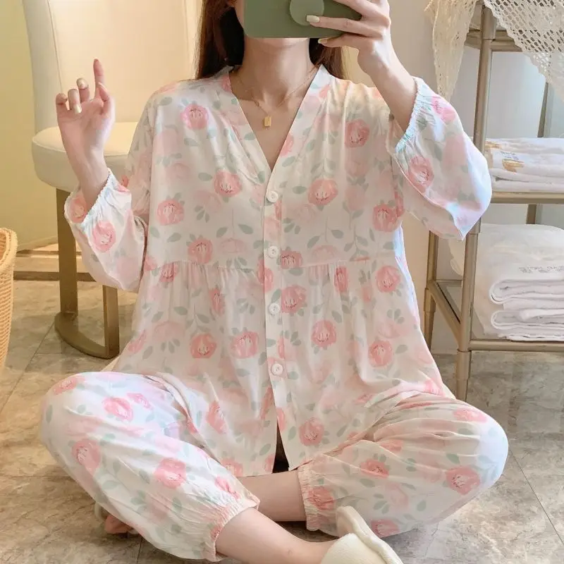 Pajama Sets Women Print Sweet Prairie Chic Spring Home Thin Breathable V-neck Casual Loose Tender Fashion Nightwear Simple