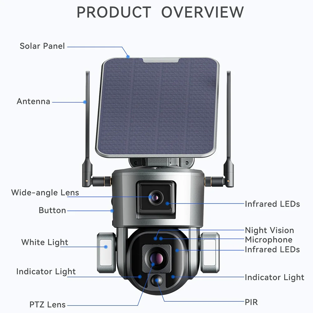 Telecamera solare 4K WiFi 4G a doppio obiettivo Telecamera di sicurezza WiFi esterna alimentata a batteria per protezione di sicurezza Visione notturna bidirezionale