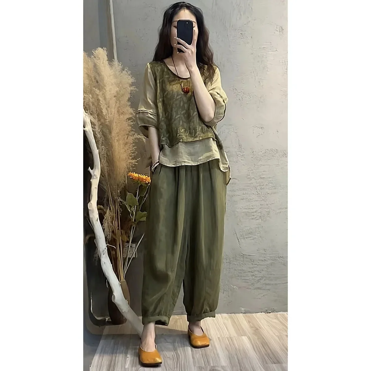 Summer Women Cotton and Linen 2 Pieces Sets Patchwrok Print Tops and Loose Casual Pants Fashion Female Outfits