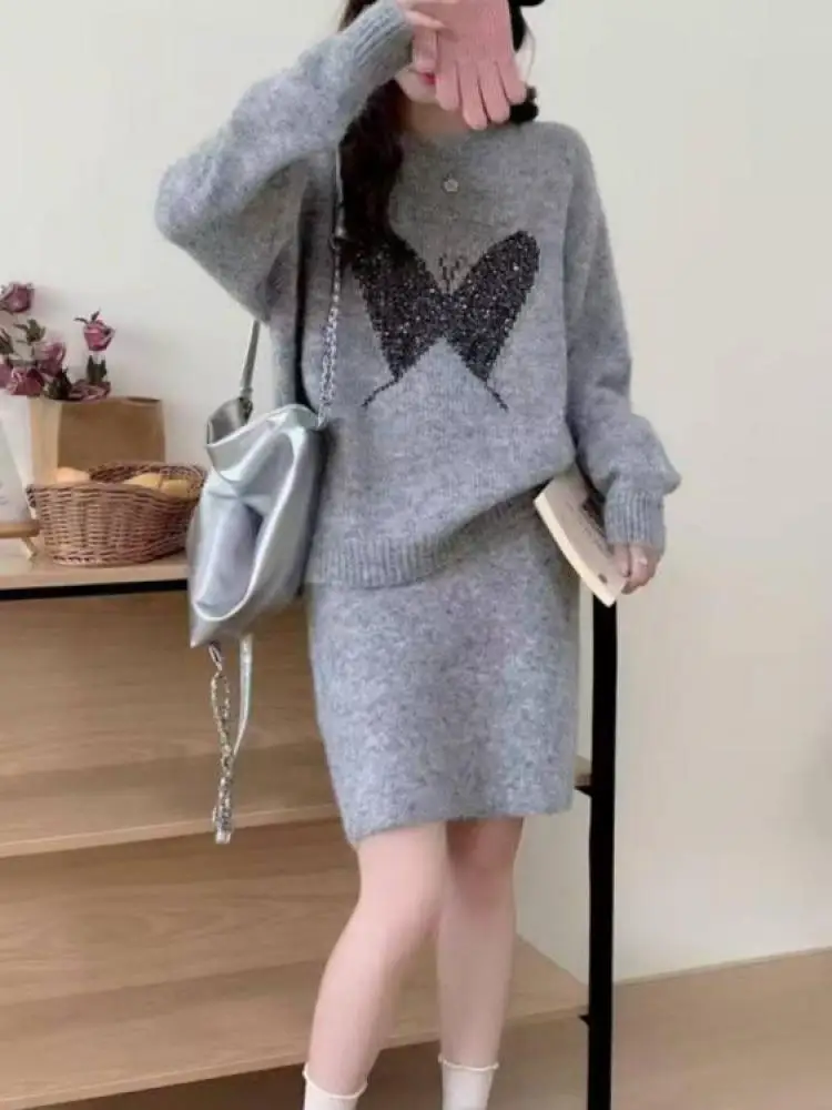 Autumn Winter Women New Butterfly Sequin Patchwork Knitted Long Sleeves Sweater And High Waist Short Skirt Two-piece Set Fashion