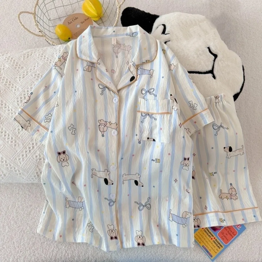 

Kawaii пижамный комплект с короткими рукавами и героями мультфильмов, женская одежда для сна с собакой, кошкой и животными, рубашка на пуговицах, свободная ночная рубашка из двух предметов, подарки для девочек