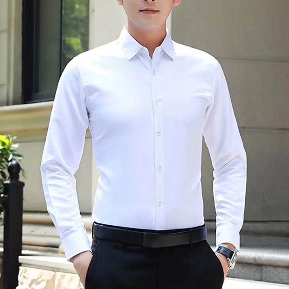 Camisa masculina de manga comprida com fecho de botão, camisa formal casual de negócios, resistente a rugas para eventos sociais de trabalho