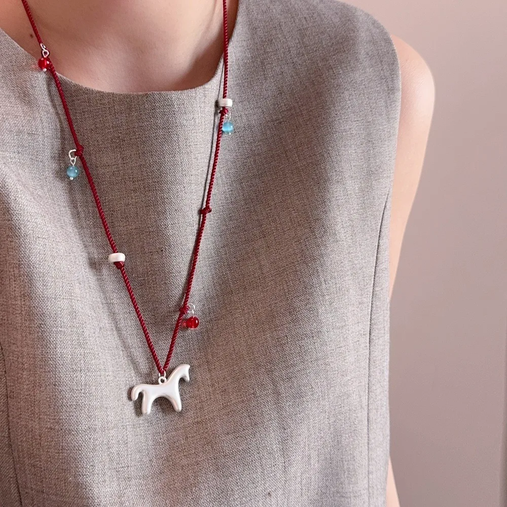 Fashion Smooth Surface Matte Color Cartoon Horse Multicolor Beads Pendant Necklaces For Women Adjusting Rope Sweater Chain Gifts