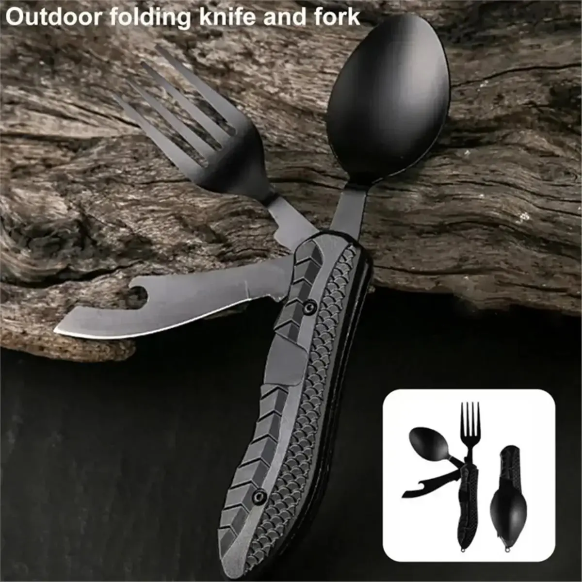 Bottle Opener Three-in-One Multi-Tool Camping Folding Comfortable Grip Hook Design Stainless Steel Folding Spoon Fork [JQ-EN&RS]