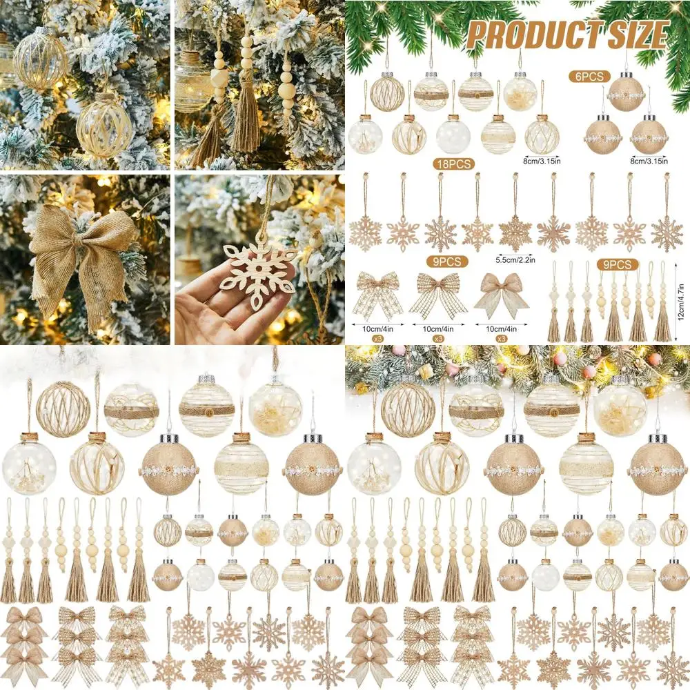 

Rustic Boho Christmas Ornaments Set, 3.15 Champagne Balls, Neutral Tree Decorations, Wooden Xmas Decor for Farmhouse Style