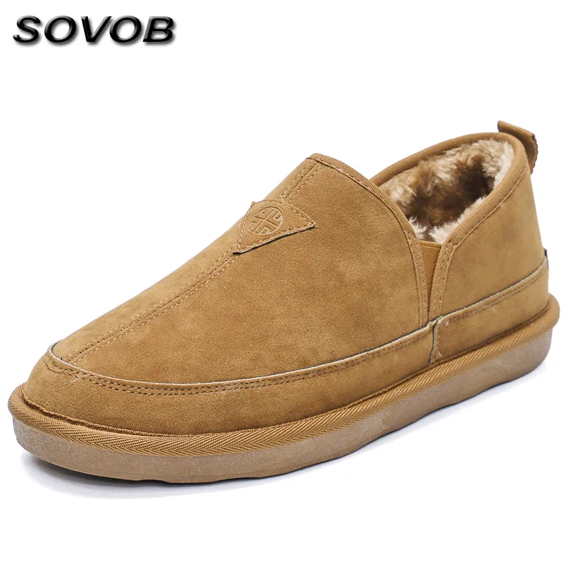 Hot Selling Brown Mens Casual Shoes Comfortable Flat Loafer Shoes For Men Plush Warmed Slip-On Padded Shoes Man Chaussure Hommes