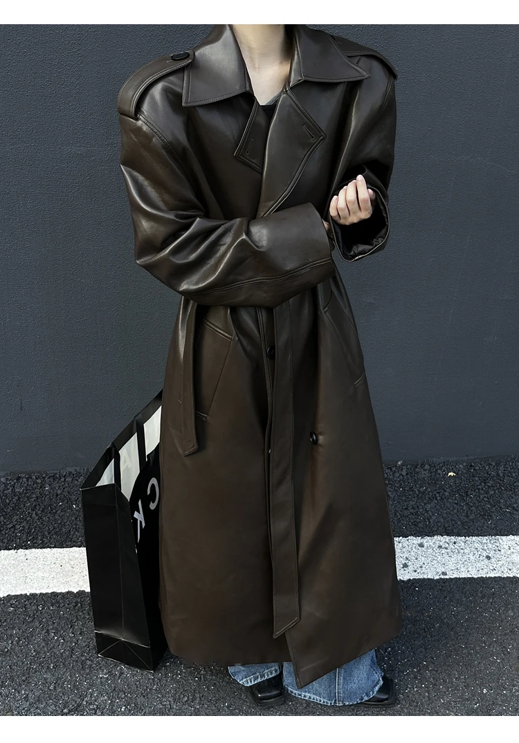 

Spring Autumn Long Cool Oversized Brown Black Pu Leather Trench Coat for Women European and American Runway Fashion 2024