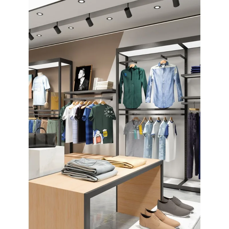 

Display rack Floor-to-ceiling hanger with lamp Multi-layer men's clothing store shelf Internet celebrity store decoration