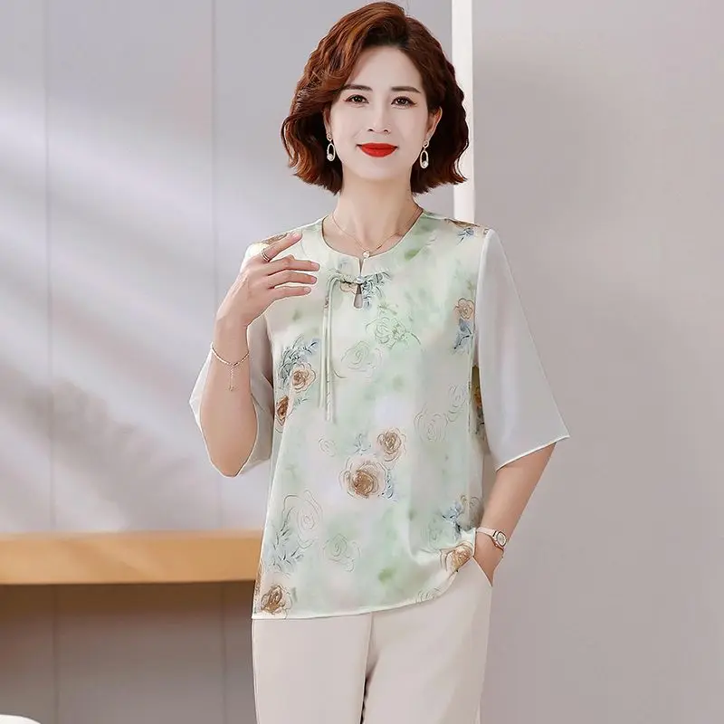 

Women's New Style Spliced round Neck Button Printed Fashionable Loose Casual Short-sleeved Top
