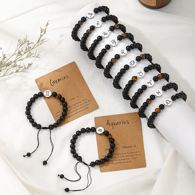 Modisches 12-Sternzeichen-Perlenarmband aus Edelstahl mit Kartengeschenken, Sternbild-Schmuck, Geschenke