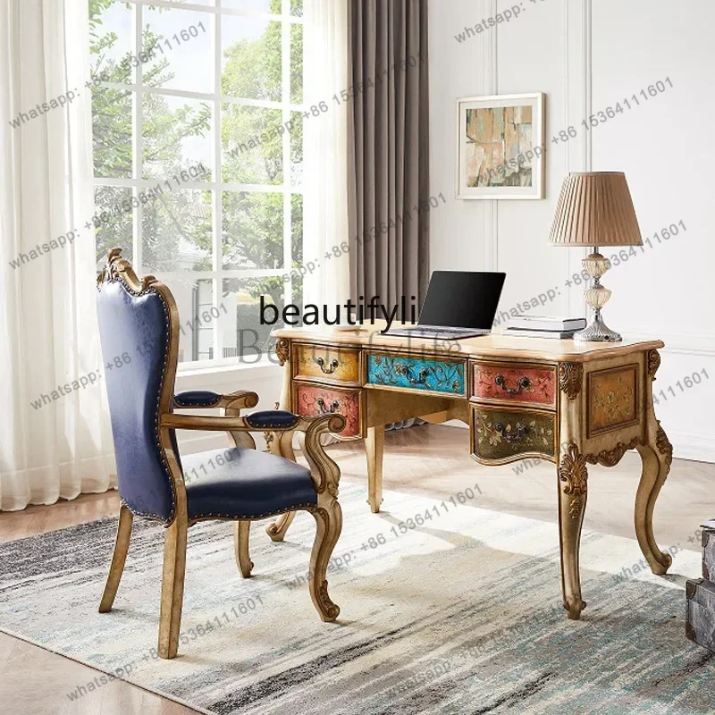 Champagne French Luxury Computer Desk Vintage Hand-painted Writing Desk Armchair Set Solid Wood Office Desk