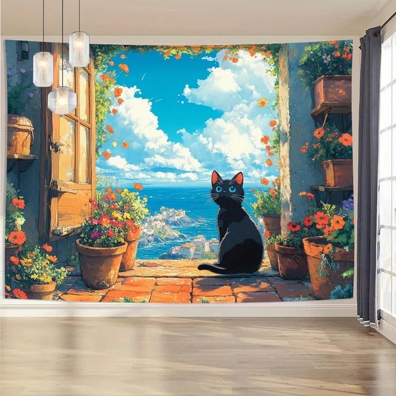 VIKAMA 3D Black Cat Tapestry Wall Hanging Gazing At The Waves Art Home Decor For Living Room Bedroom Meditation Space