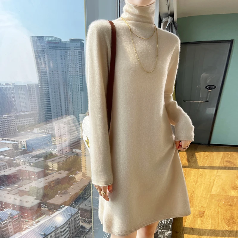 

New 100% pure cashmere skirt knitted dress in autumn and winter pile neck sweater bottoming shirt long straight skirt female