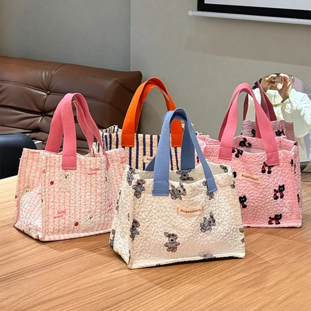 

Cute Cartoon Cat Bubble Cloth Lunch Bag Strip Large Capacity Korean Style Handbag Puppy Handheld Bag Small Tote Bag Girls