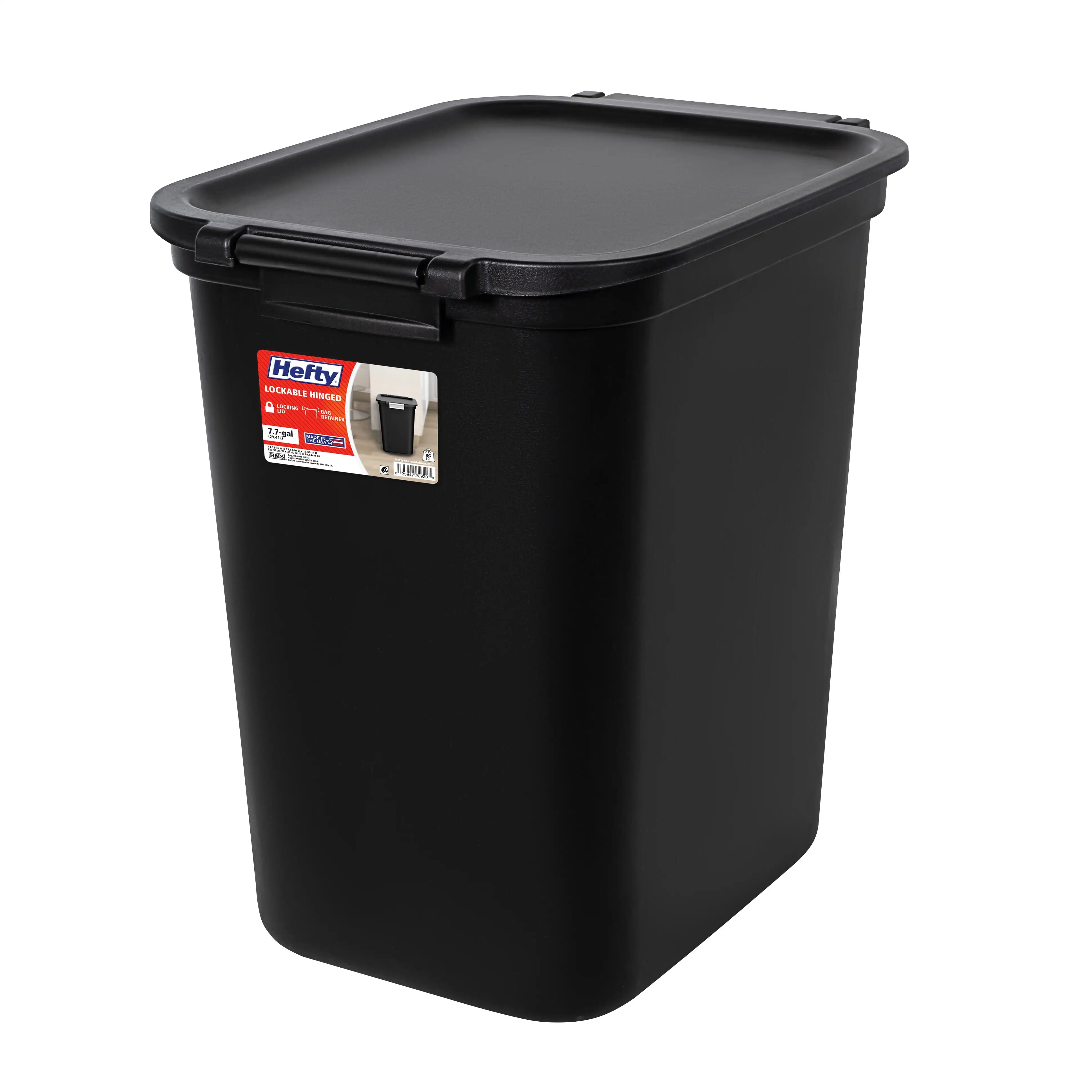 7.7 Gallon Trash Can Plastic Hinged Locking Lid Kitchen Trash Can Black Locking Latch Keeps Kids and Pets Out