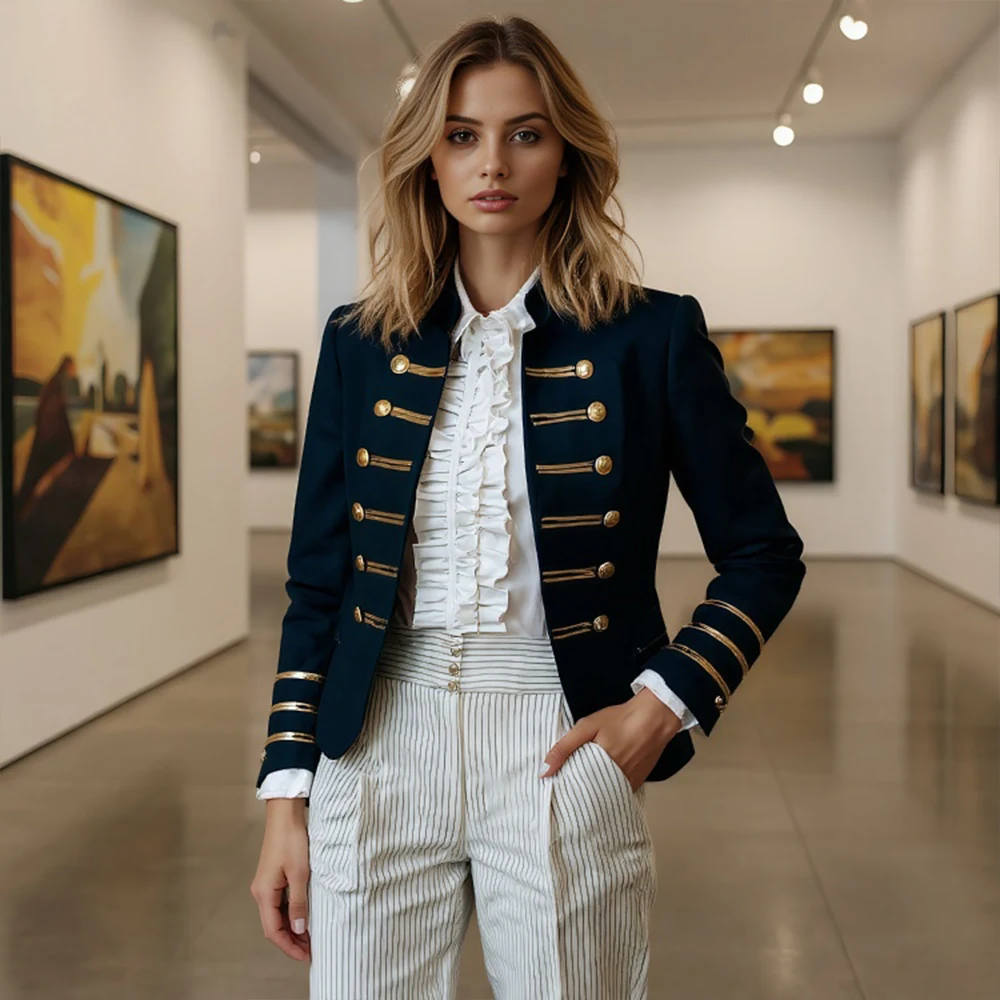 سترة مزدوجة الصدر للنساء البريطانية خمر الوقوف طوق كم طويل الخريف معطف قصير ملابس خارجية الرجعية غير رسمية 2025