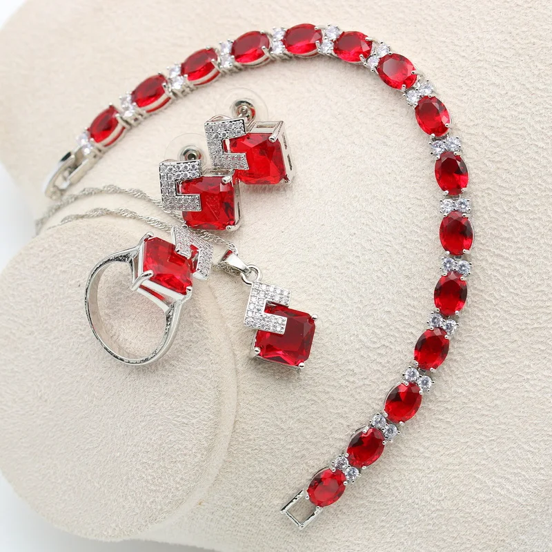 Geometric Red Zircon Silver Wedding Jewelry Sets Stud Earring For Women Pendant Necklace Ring Bracelet Gift Box