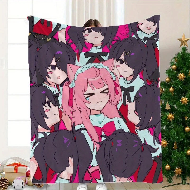 Pink Hair Cat Ear Character & X-Eye Double Ponytail Surround Pattern Digital Print Flannel Blanket  Polyester, Lightweight