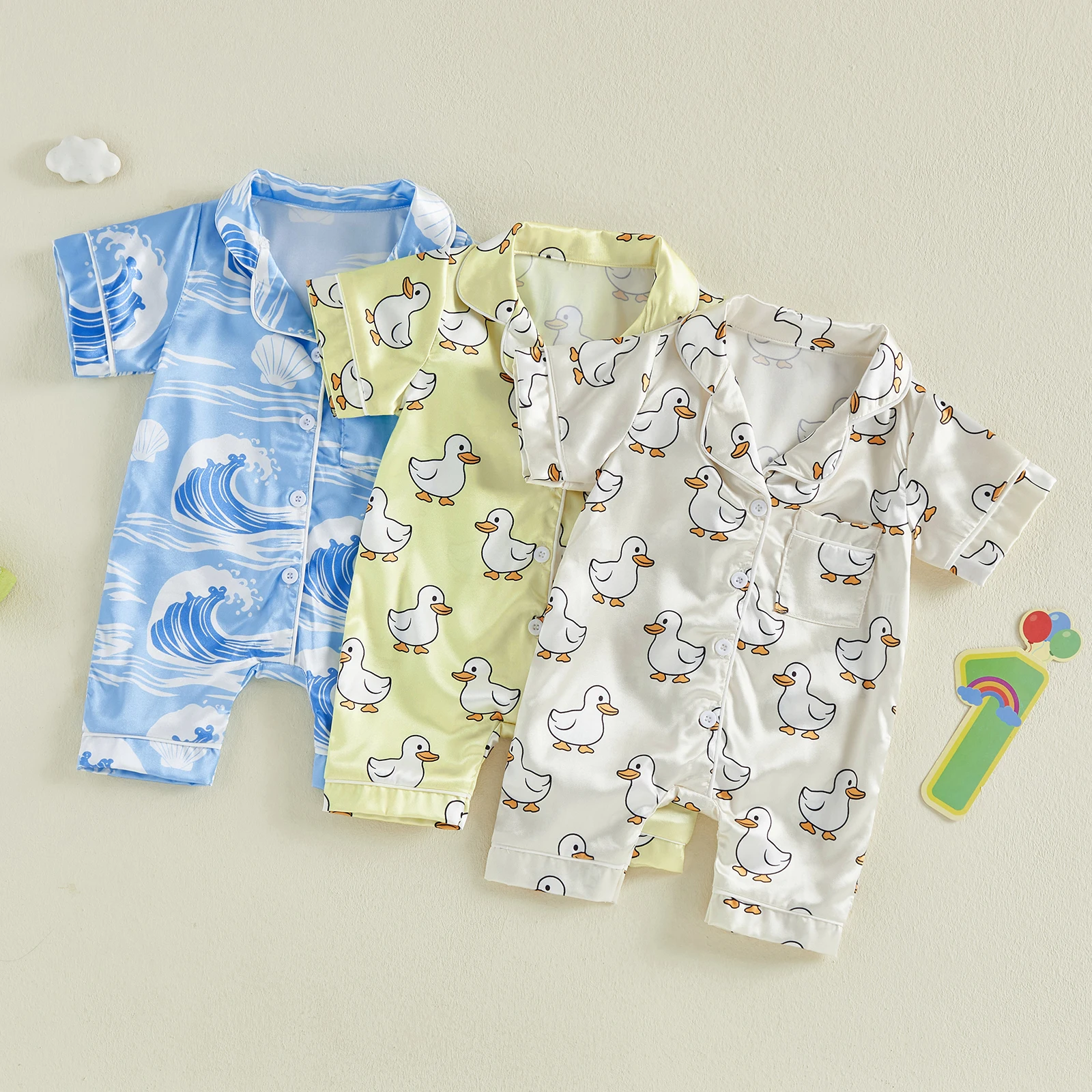 Summer Infant Baby Boys Girls Jumpsuit Short Sleeve Collar Duck Wave Print Sleep Romper Footless Outfit Clothes