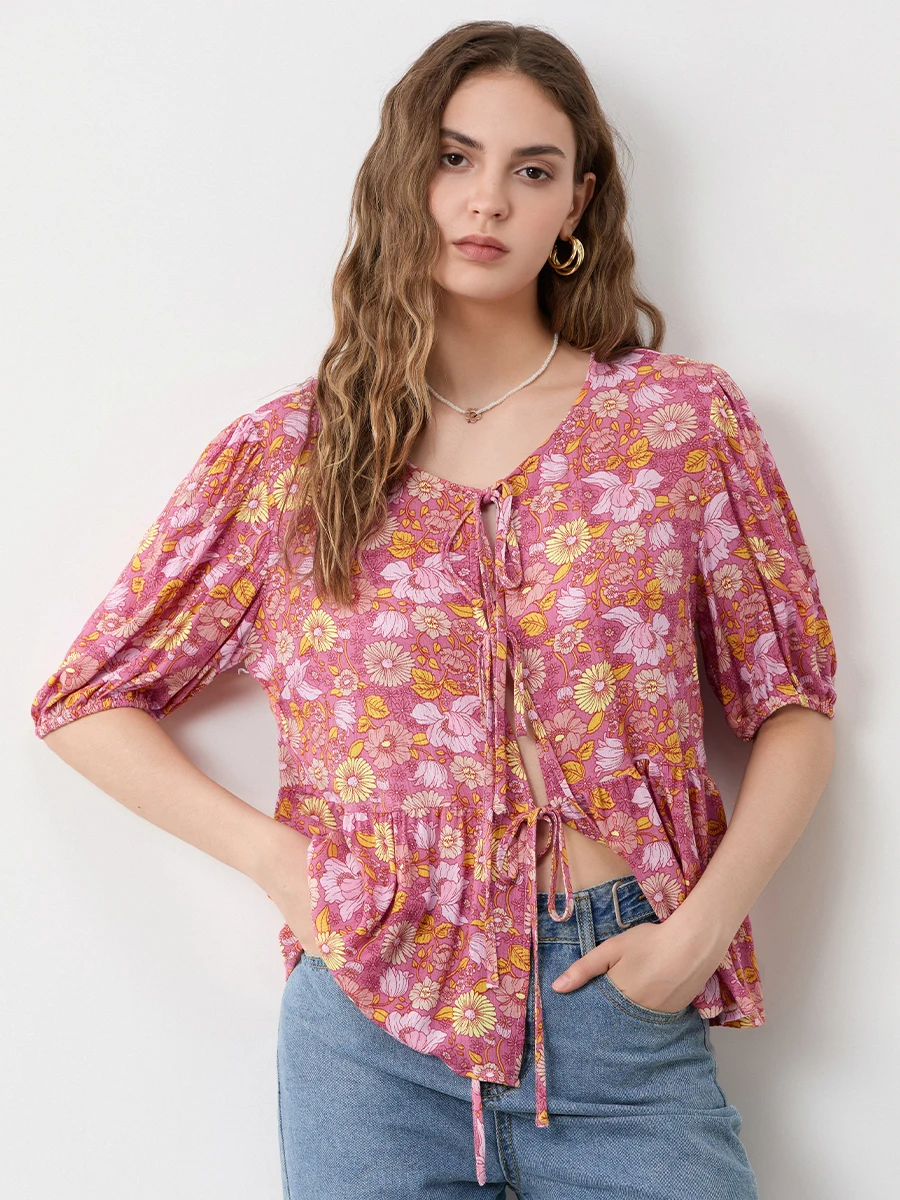 Blusa holgada de manga corta con estampado Floral para mujer, Top con dobladillo y volantes, lazo frontal abierto, Verano