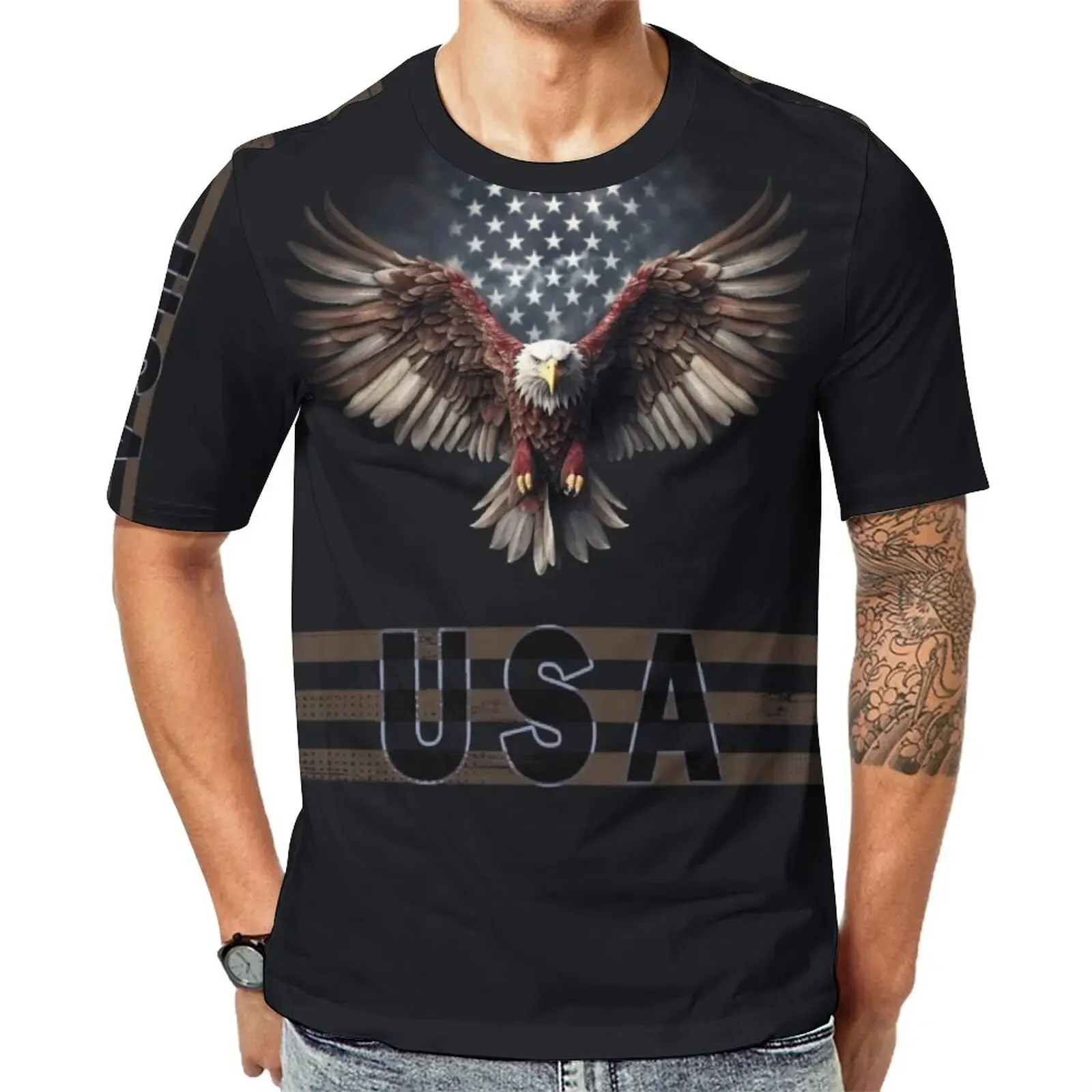 Stylish Eagle & Letter 3D Digital Pattern Print Men\'s Graphic T-shirt, Causal Comfy Tees, Short Sleeve Clothing