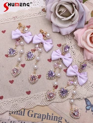 Handmade Japanese Style Sweet Lady Pink Purple Earrings Lolita Cute Mine Color Matching Heart Shape Rhinestone Bow Earrings