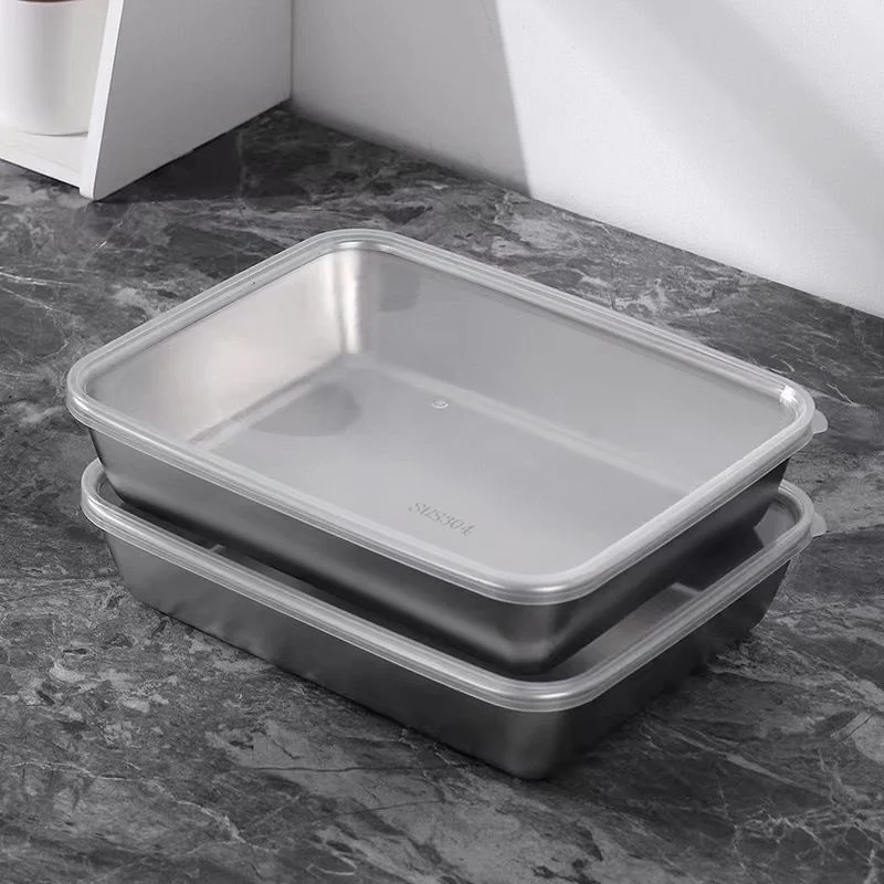 Thickened Square Plate Stainless Steel Rectangular Food Storage Pan With Lid Commercial Dish Tray Freshing Lunch Box Container