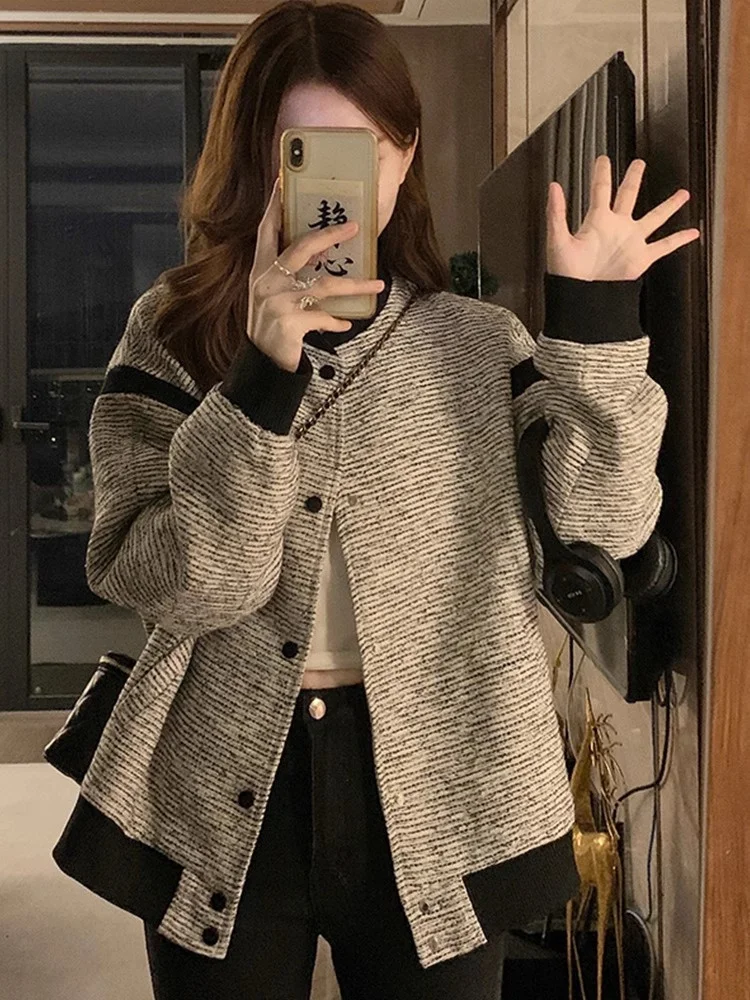 

Tweed Jacket Dark Blue For Girl Womens Winter Anti-Wind Sherpa Sports Active Warmth Inside Feeling Cozy Contrast Shearling Mock