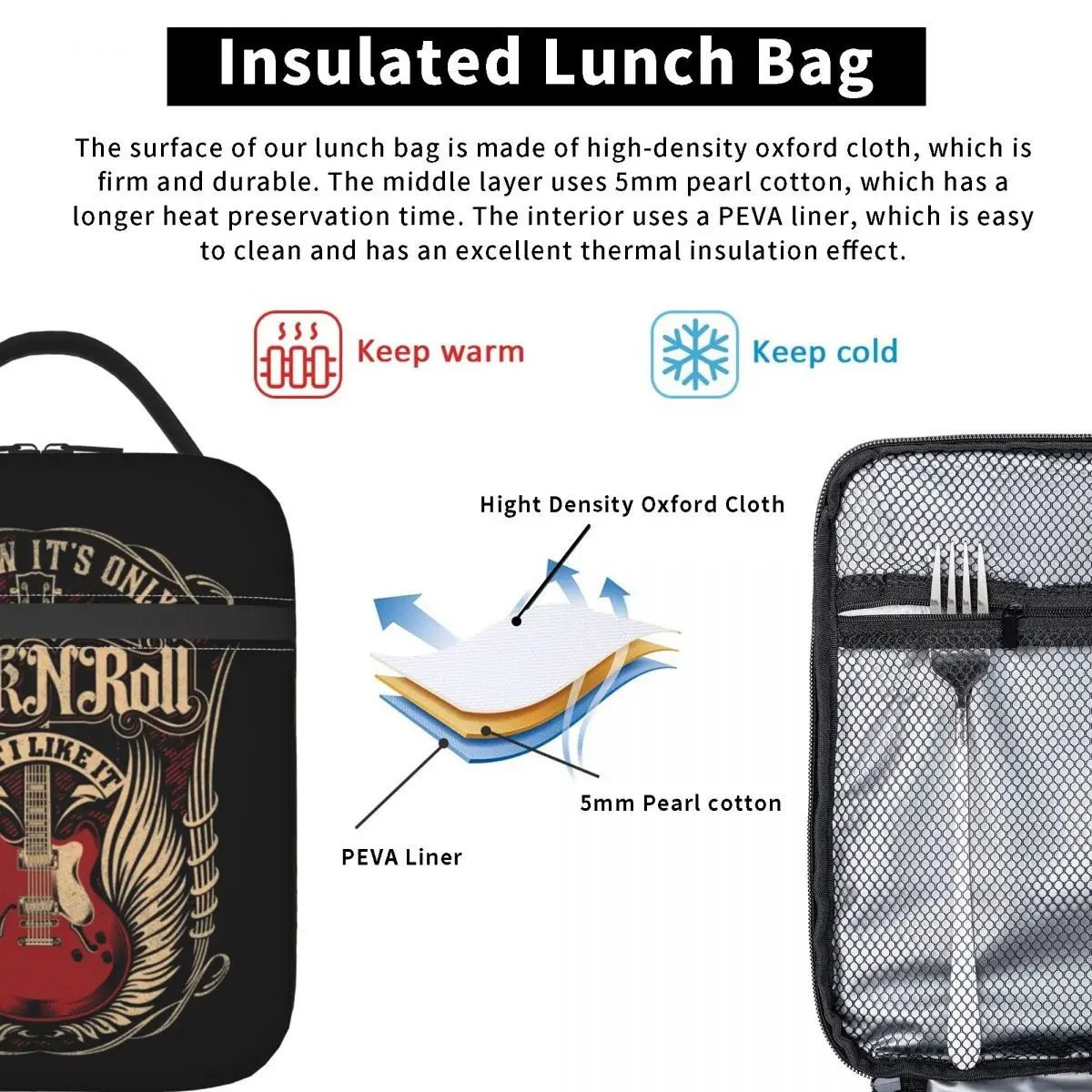 Rock And Roll Insulated Lunch Bag for School Office Heavy Metal Music Guitar Waterproof Cooler Thermal Lunch Box Women Kids