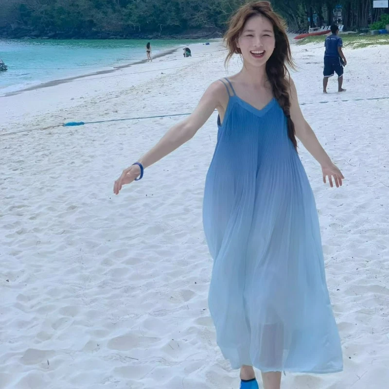 

Summer New Fashion Women' Dress French Seaside Vacation Style Gradient Long Sleeveless Loose Halter Skirt High Appearance Level