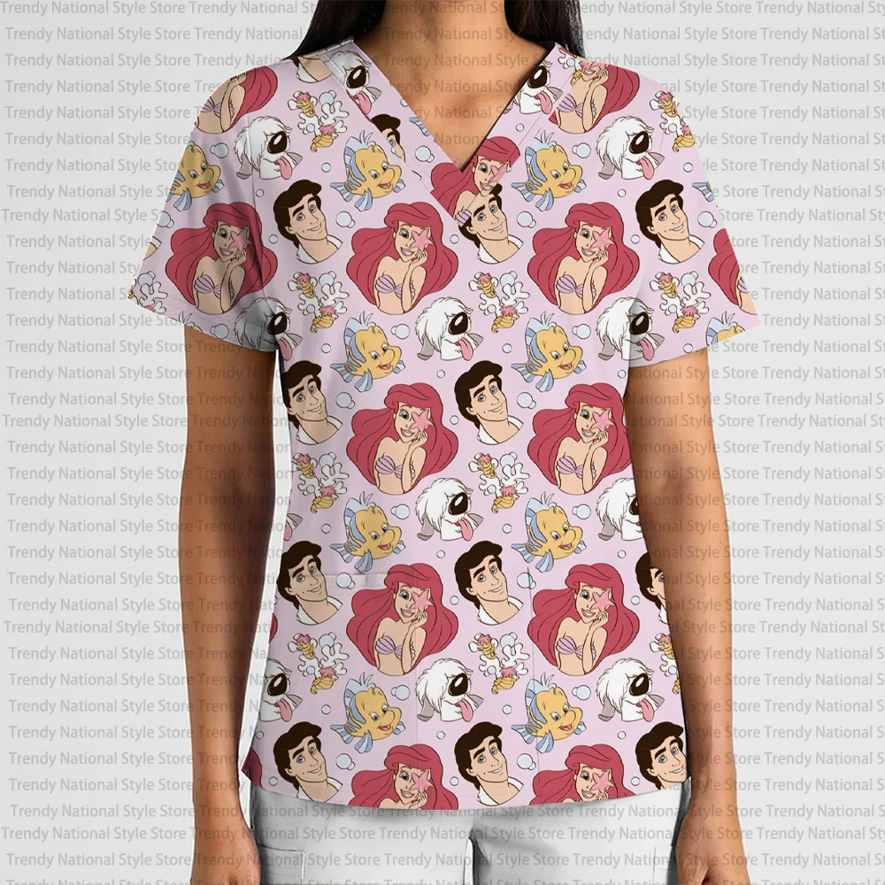 New Women's High Quality Disney Cartoon Mermaid Print Work Uniform V-Neck Pocket Scrub Top Dental Pet Shop Versatile T-Shirt