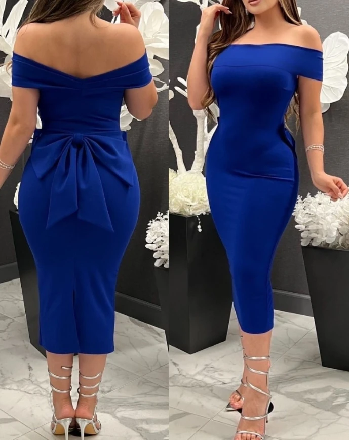 

Women's Off Shoulder Sleeveless Slim New Fashion Skinny Dresses Elegant Bowknot Design Back Slit Bodycon Party Dress for Women