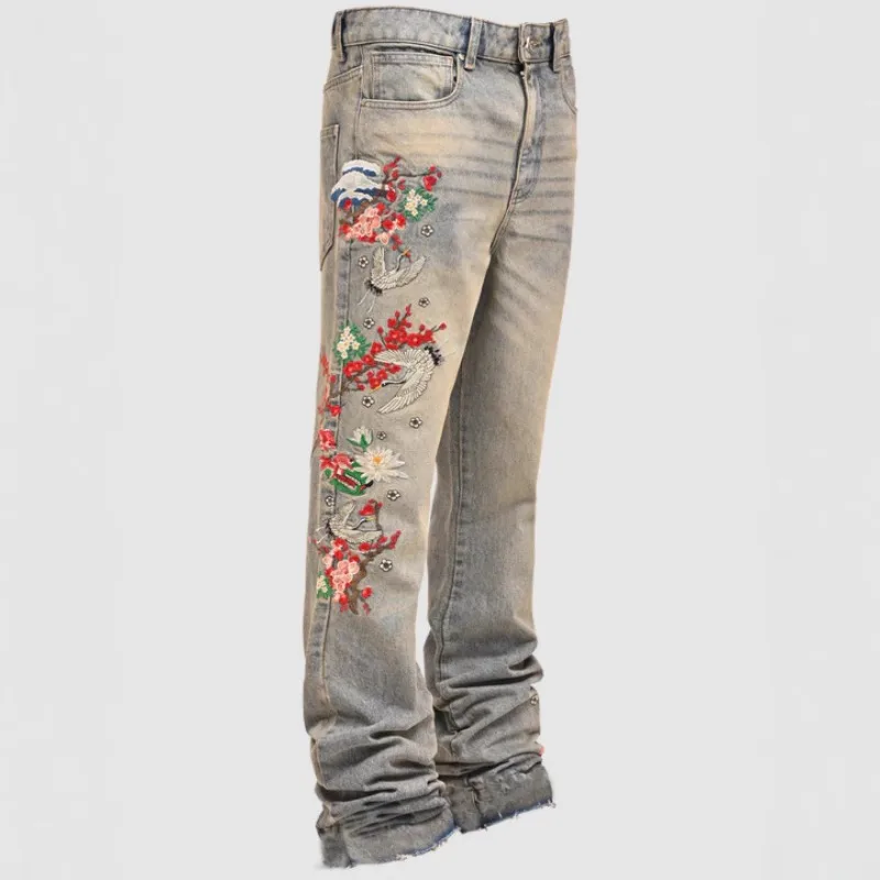 

Men's Jeans 2025 Streetwears Fashion Straight Jeans Full Length Denim Pants Slight Strech Embroidery Loose Distressed Man Jeans