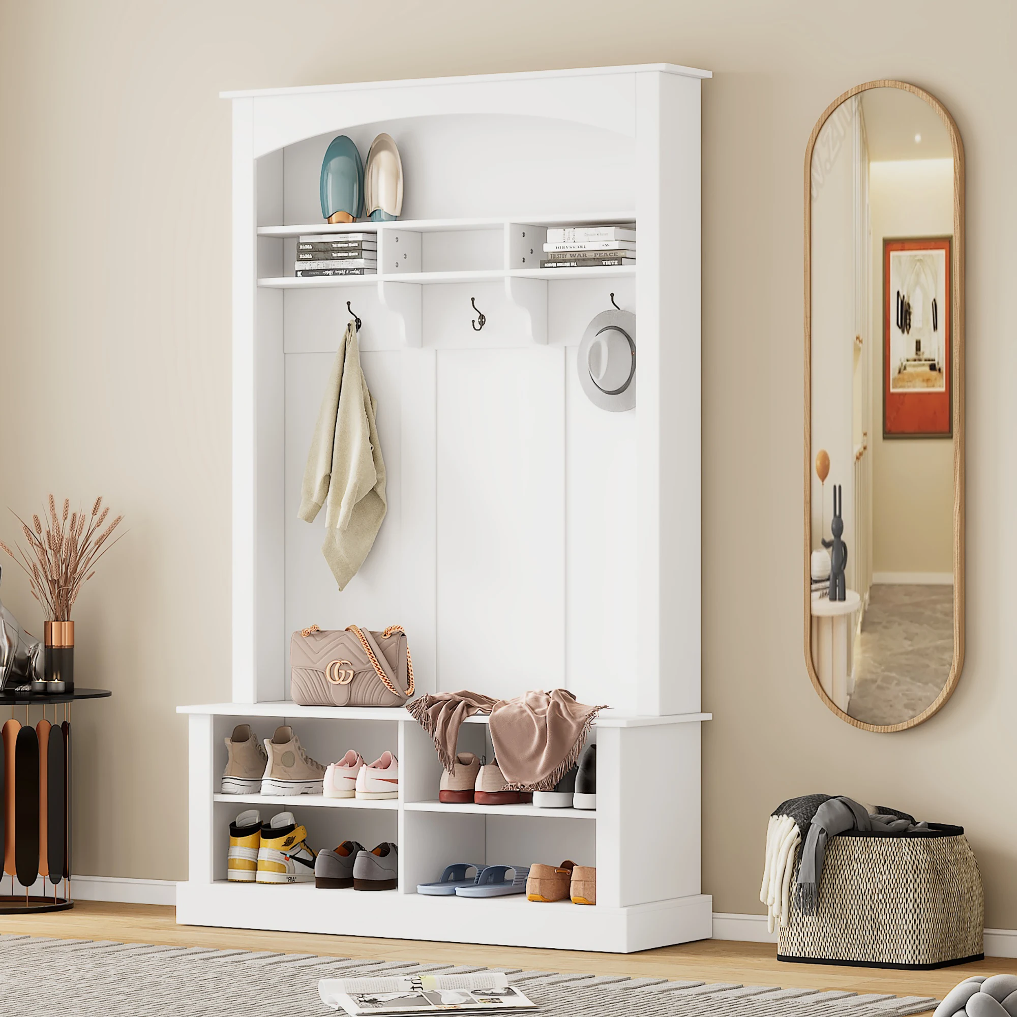 Bench and shoe shelf wardrobe set multi-functional storage bench with 3 hanging hooks & open storage space rectangular