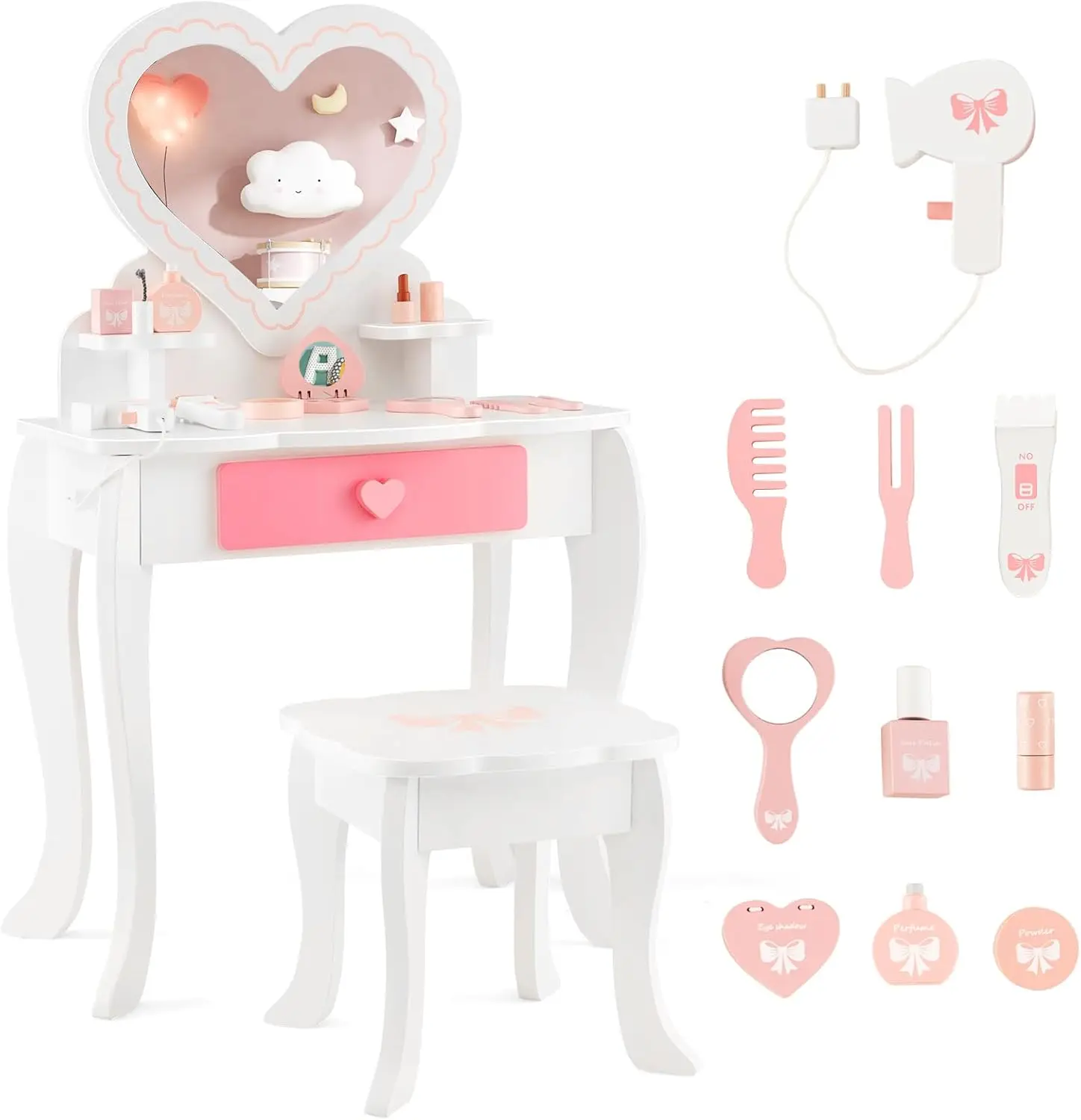 Ensemble de vanité pour enfants, ensemble de vanité pour filles avec miroir et tabouret, accessoires, étagère de rangement MEL&, robe de maquillage princesse en bois